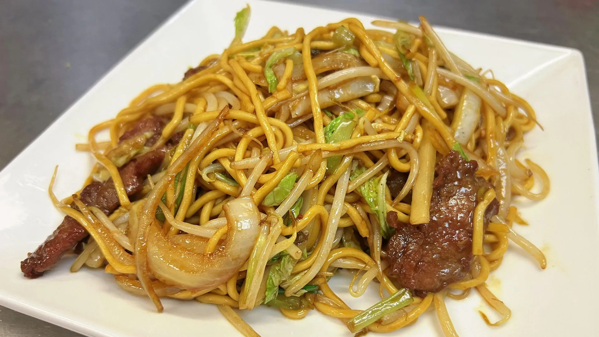 Beef Lo Mein at Ginger Garden, Chinese Restaurant in Marlborough